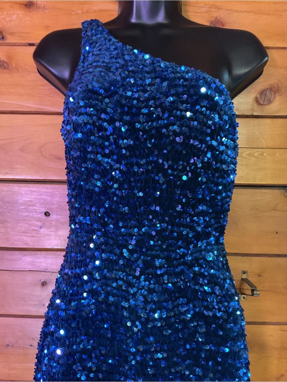One-Shoulder Navy Sequin Evening Gown w/ slit hem and Open Back - Picture 12 of 14